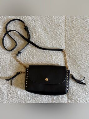 Black Studded Crossbody Bag with Gold Chain Accent